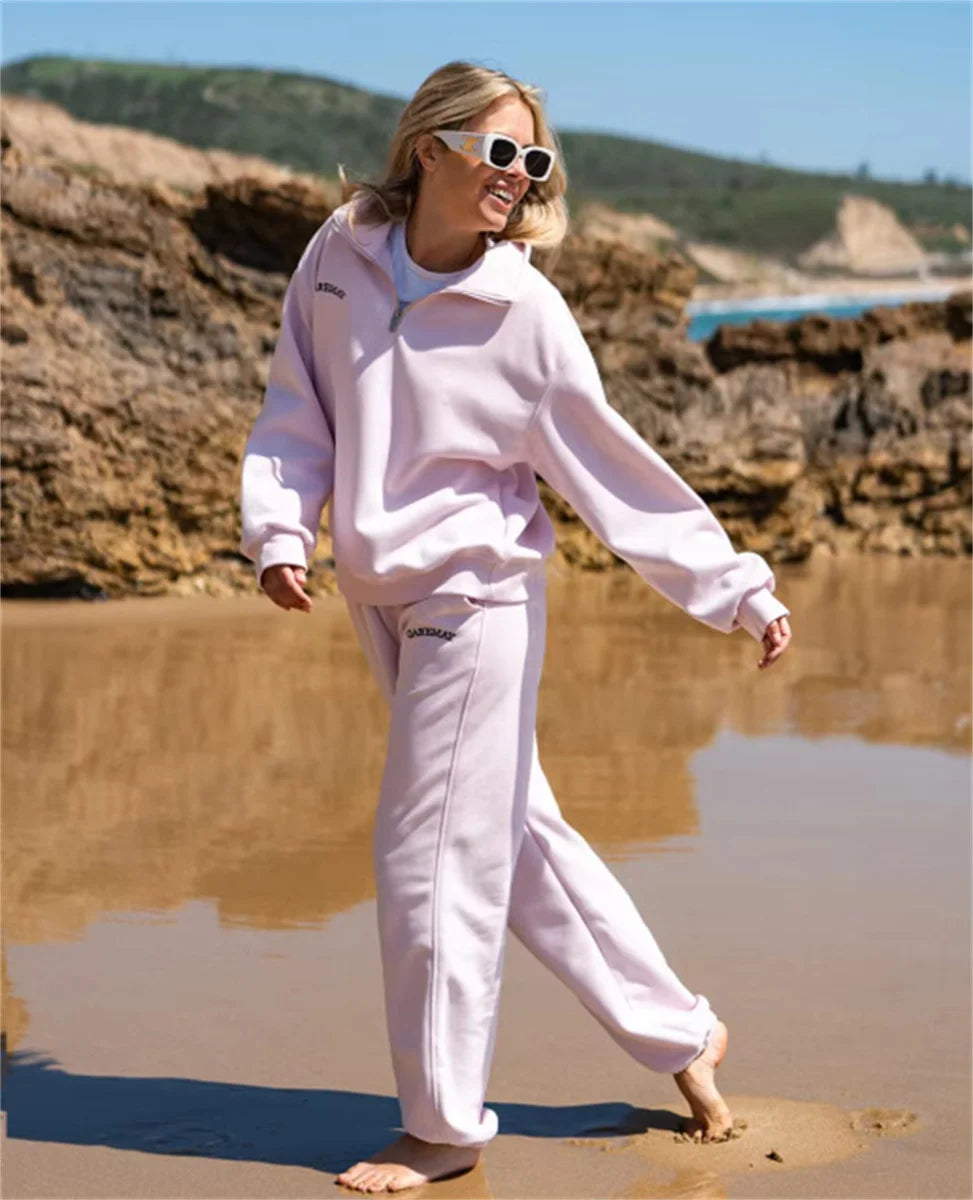 Women’s Tracksuit Set – Cotton Zipper Top & Classic Trousers