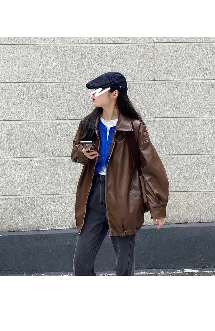 Women’s Black Leather Jacket – Long Biker Streetwear Coat