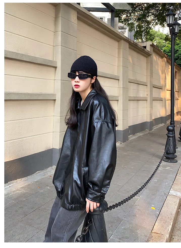 Women’s Black Leather Jacket – Long Biker Streetwear Coat