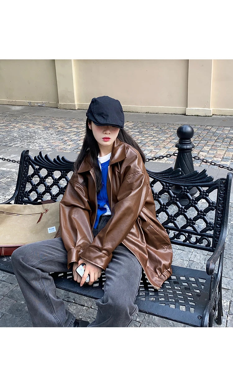Women’s Black Leather Jacket – Long Biker Streetwear Coat
