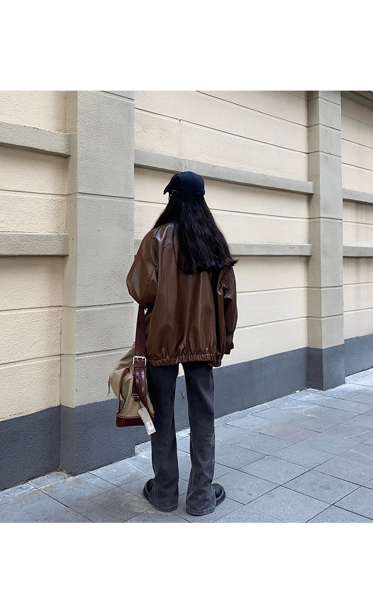 Women’s Black Leather Jacket – Long Biker Streetwear Coat