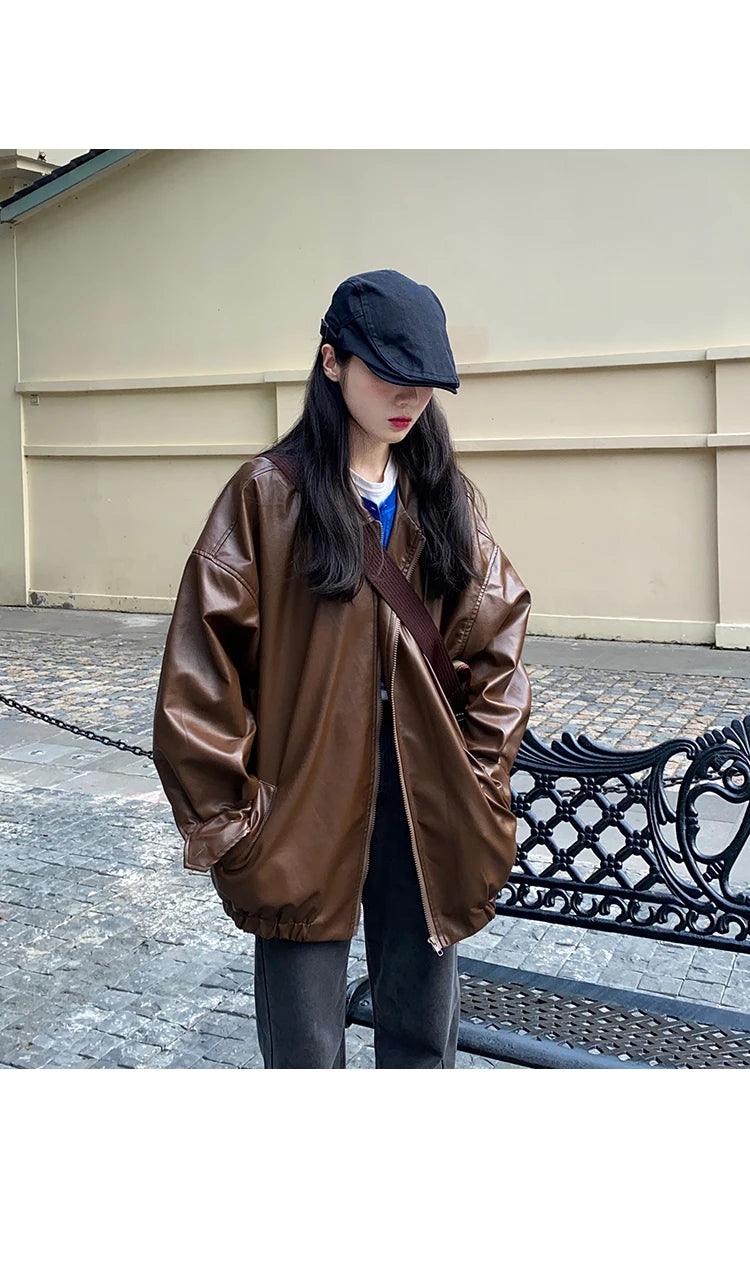 Women’s Black Leather Jacket – Long Biker Streetwear Coat
