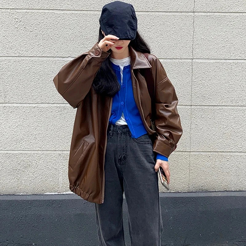 Women’s Black Leather Jacket – Long Biker Streetwear Coat