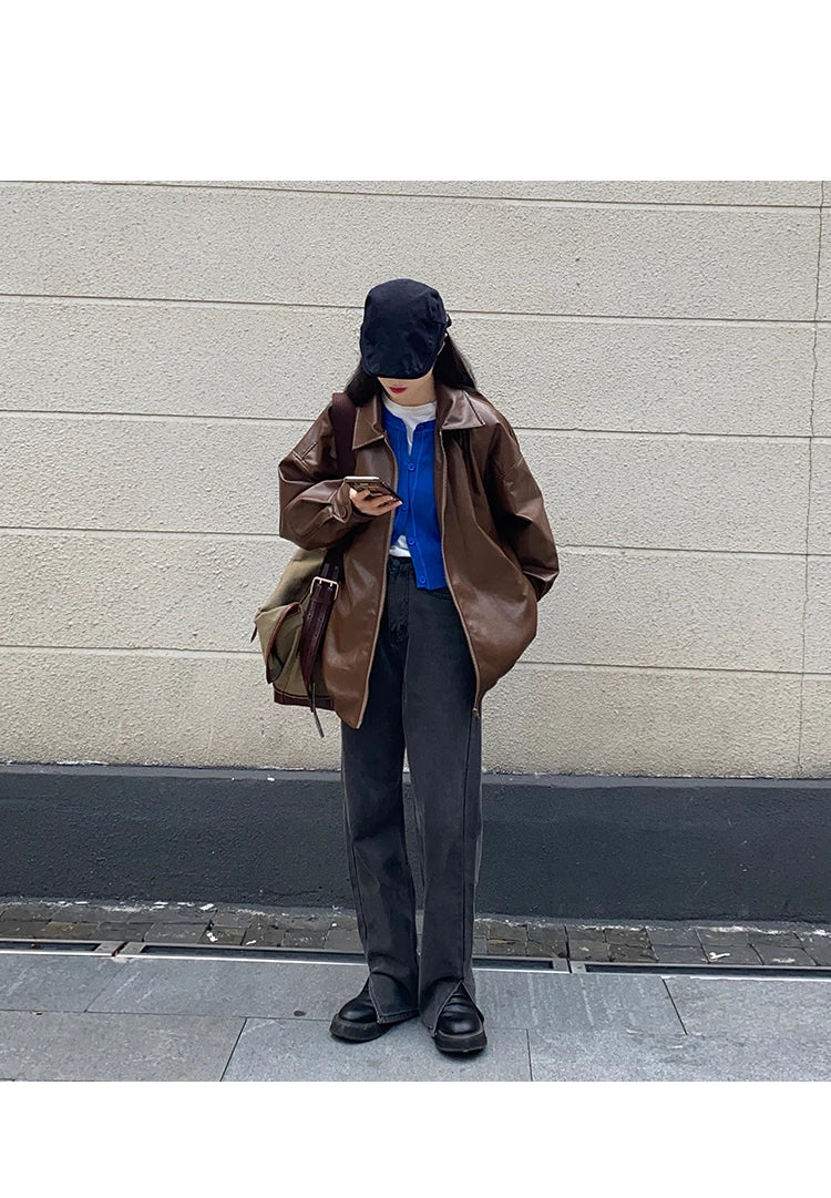 Women’s Black Leather Jacket – Long Biker Streetwear Coat