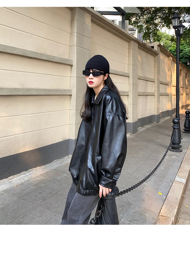 Women’s Black Leather Jacket – Long Biker Streetwear Coat