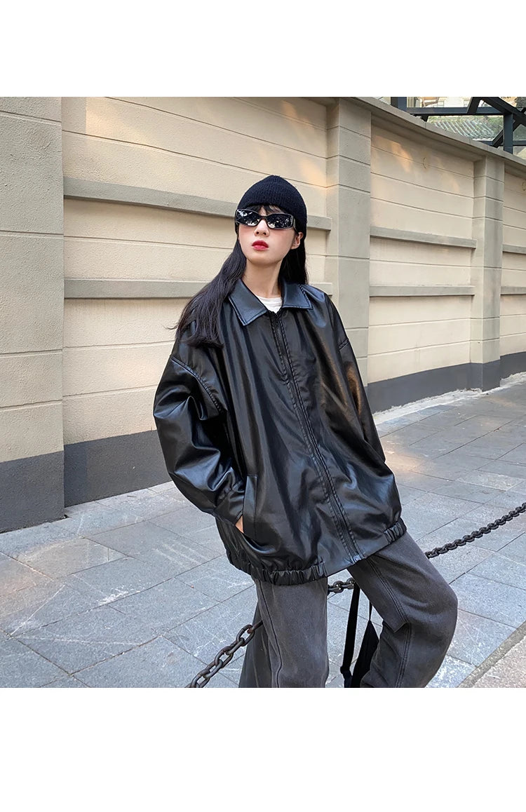 Women’s Black Leather Jacket – Long Biker Streetwear Coat