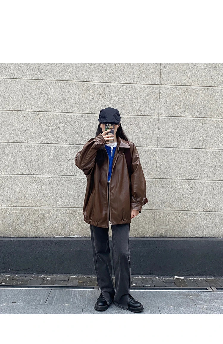 Women’s Black Leather Jacket – Long Biker Streetwear Coat