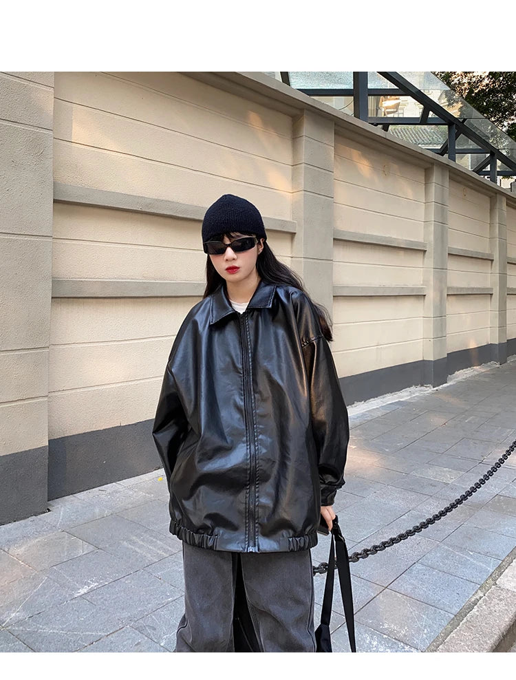 Women’s Black Leather Jacket – Long Biker Streetwear Coat