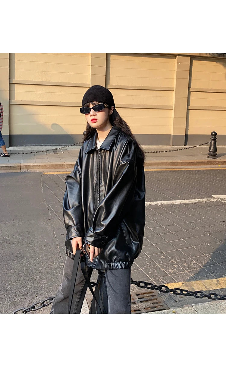 Women’s Black Leather Jacket – Long Biker Streetwear Coat