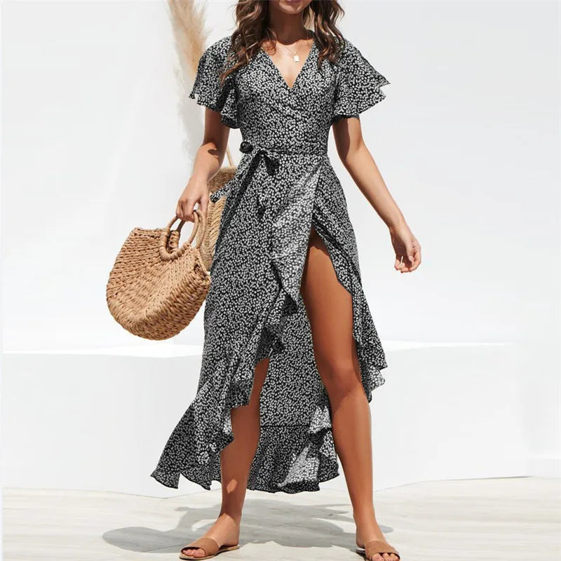 Women’s Floral Boho Maxi Dress, Summer Beach Chiffon Wrap Dress