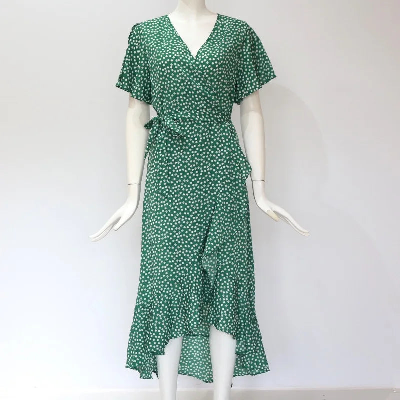 Women’s Floral Boho Maxi Dress, Summer Beach Chiffon Wrap Dress