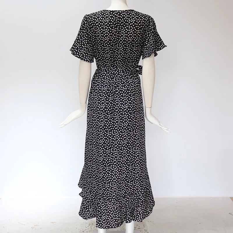 Women’s Floral Boho Maxi Dress, Summer Beach Chiffon Wrap Dress