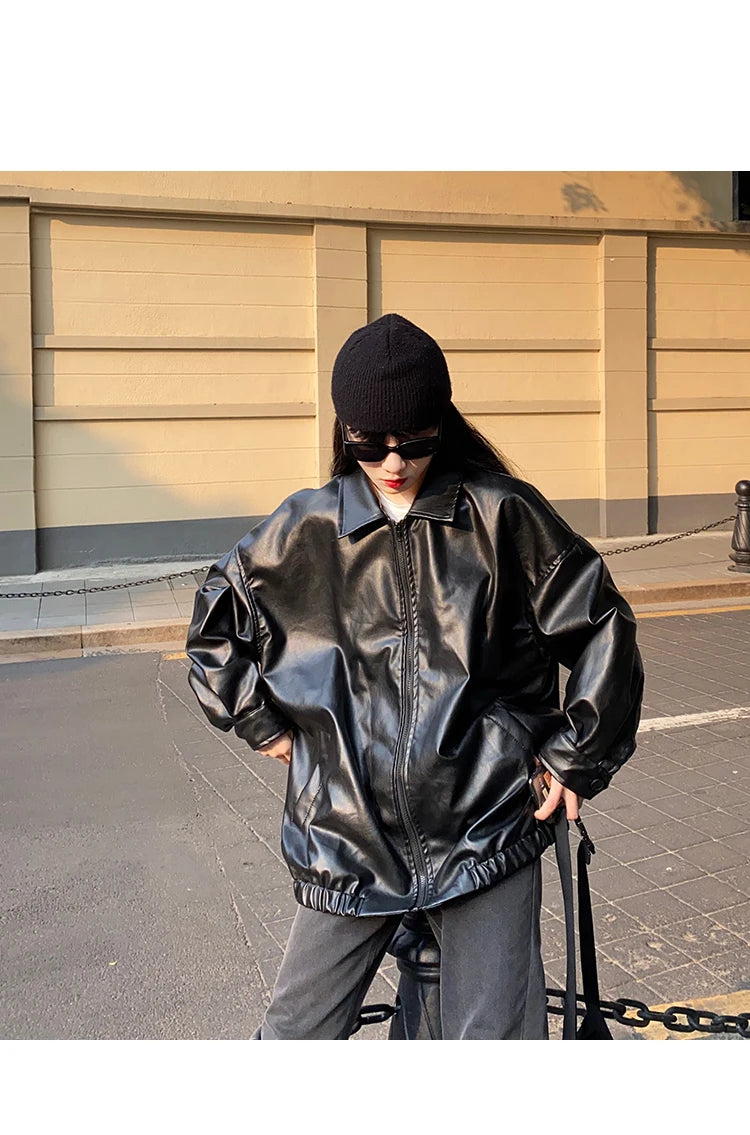 Women’s Black Leather Jacket – Long Biker Streetwear Coat