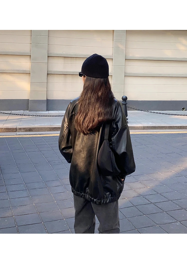 Women’s Black Leather Jacket – Long Biker Streetwear Coat