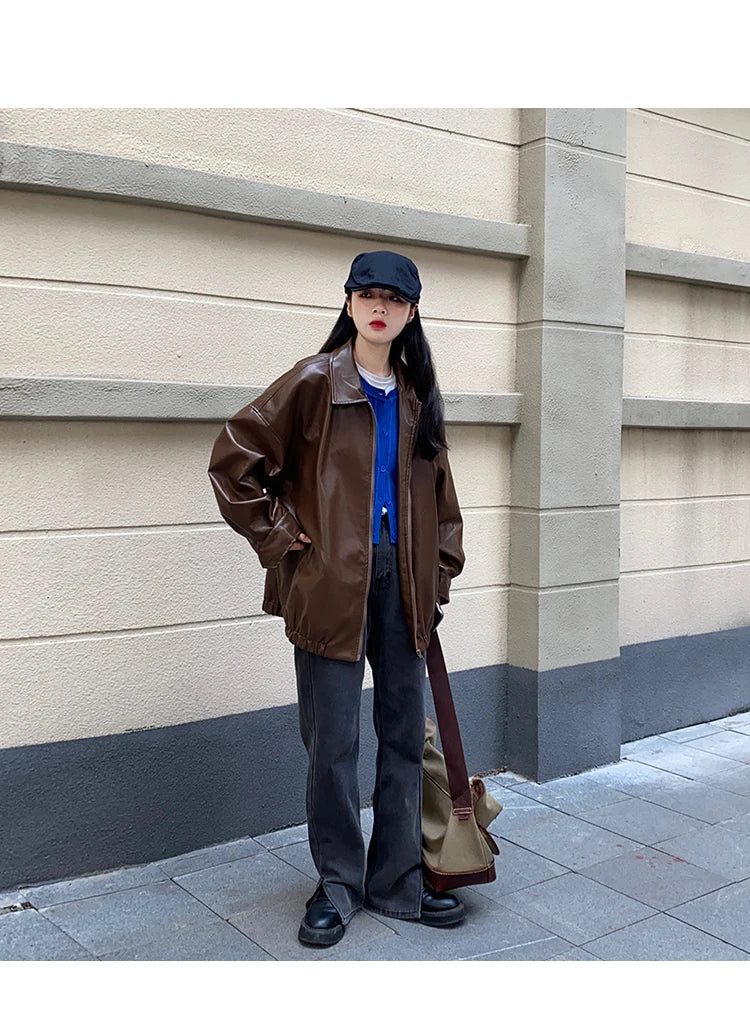 Women’s Black Leather Jacket – Long Biker Streetwear Coat