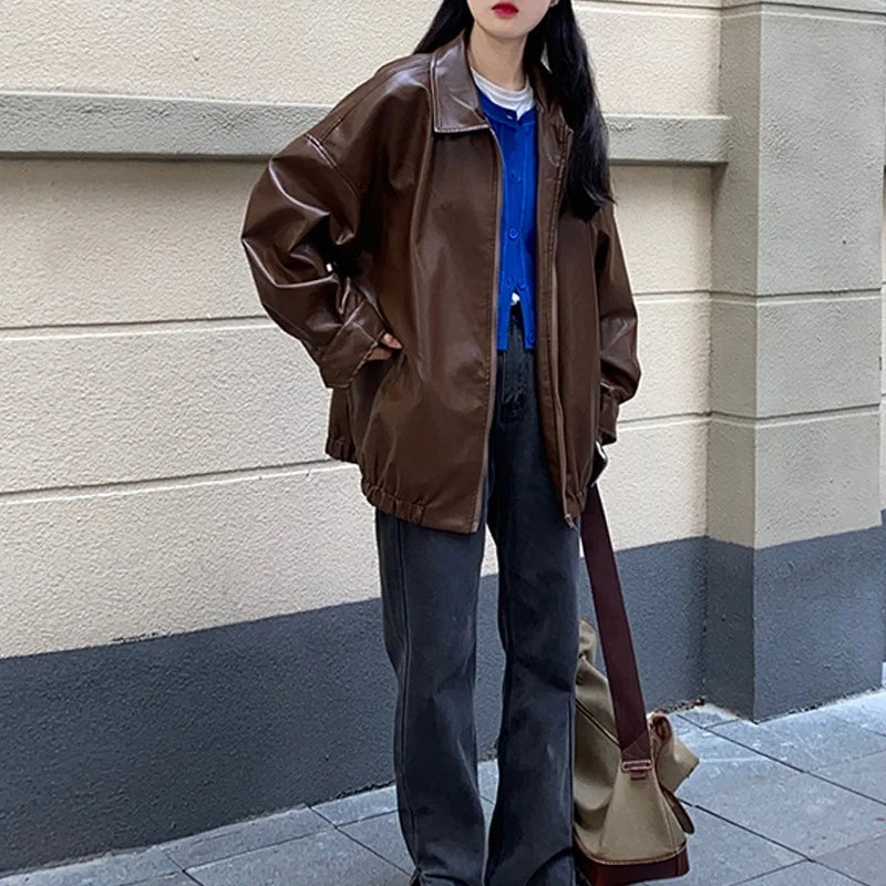 Women’s Black Leather Jacket – Long Biker Streetwear Coat