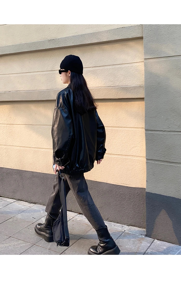 Women’s Black Leather Jacket – Long Biker Streetwear Coat
