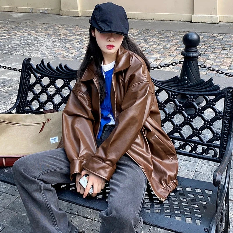 Women’s Black Leather Jacket – Long Biker Streetwear Coat