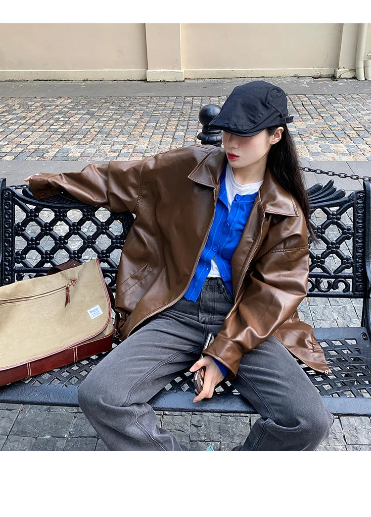 Women’s Black Leather Jacket – Long Biker Streetwear Coat