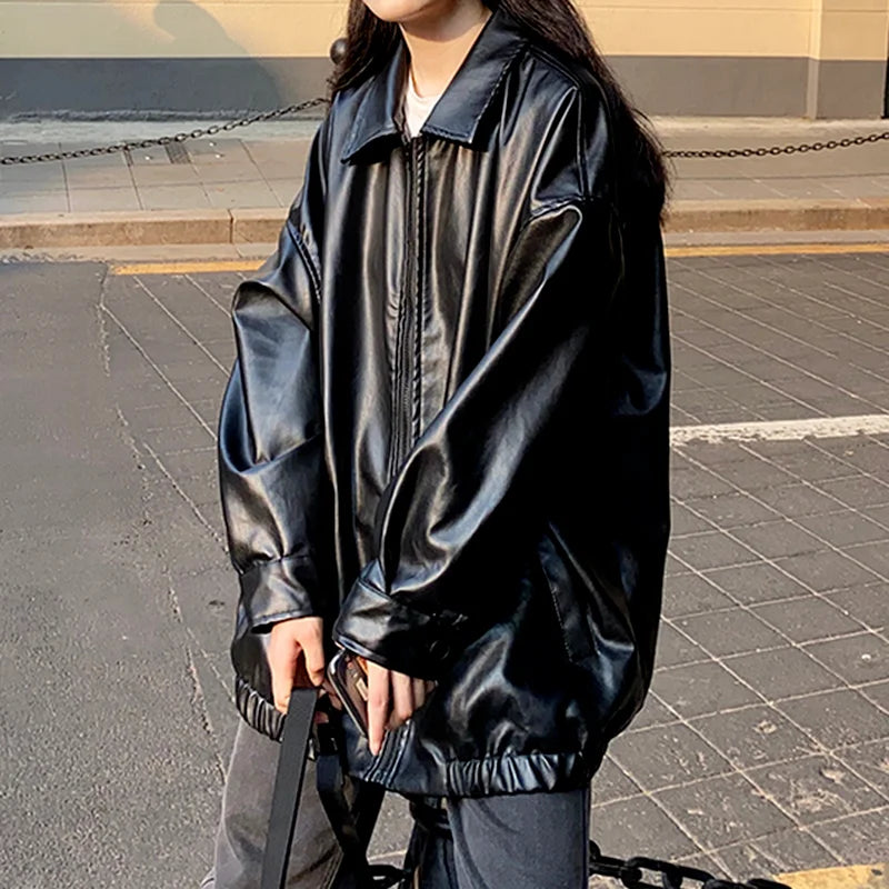 Women’s Black Leather Jacket – Long Biker Streetwear Coat