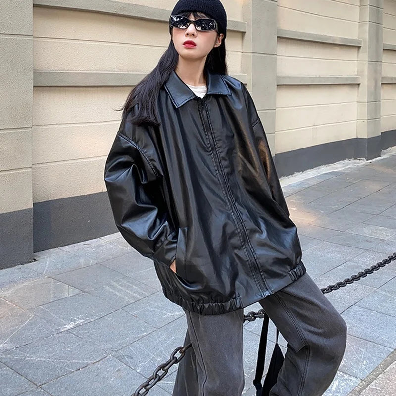 Women’s Black Leather Jacket – Long Biker Streetwear Coat