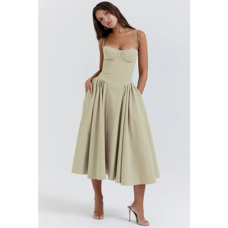 Women’s Summer Retro Long Dress, French Palace Style Suspender Skirt