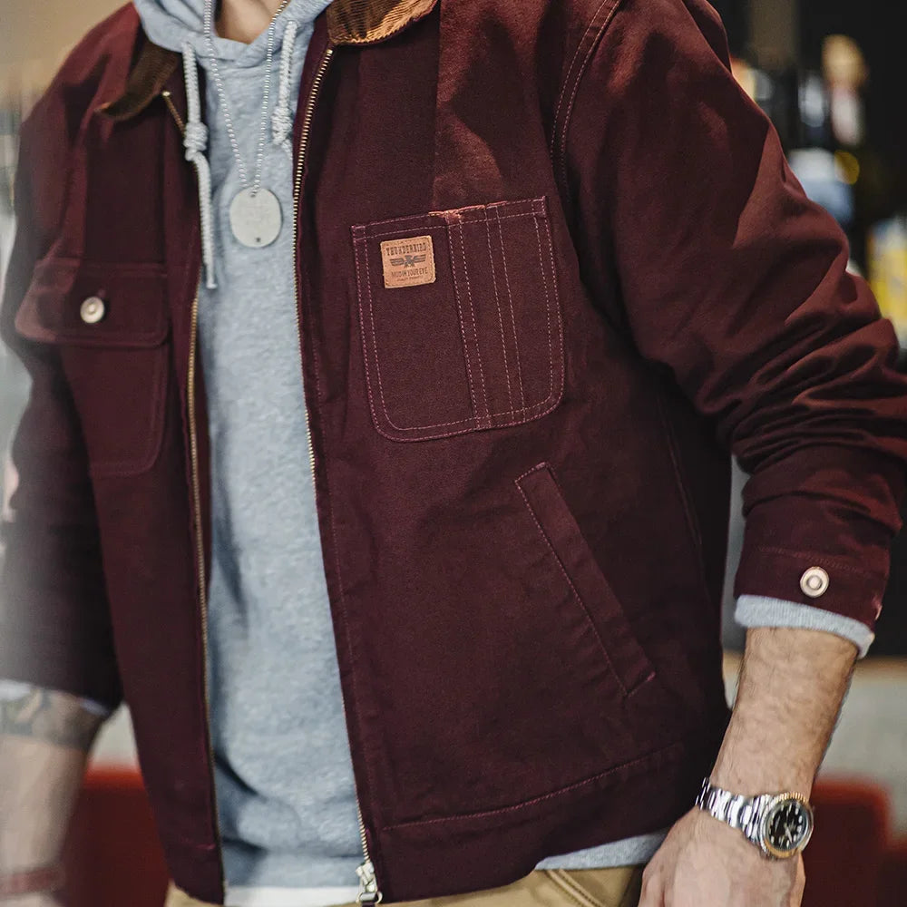 Men’s Retro Canvas Jacket – Heavyweight Detroit Zip-Up with Corduroy Collar