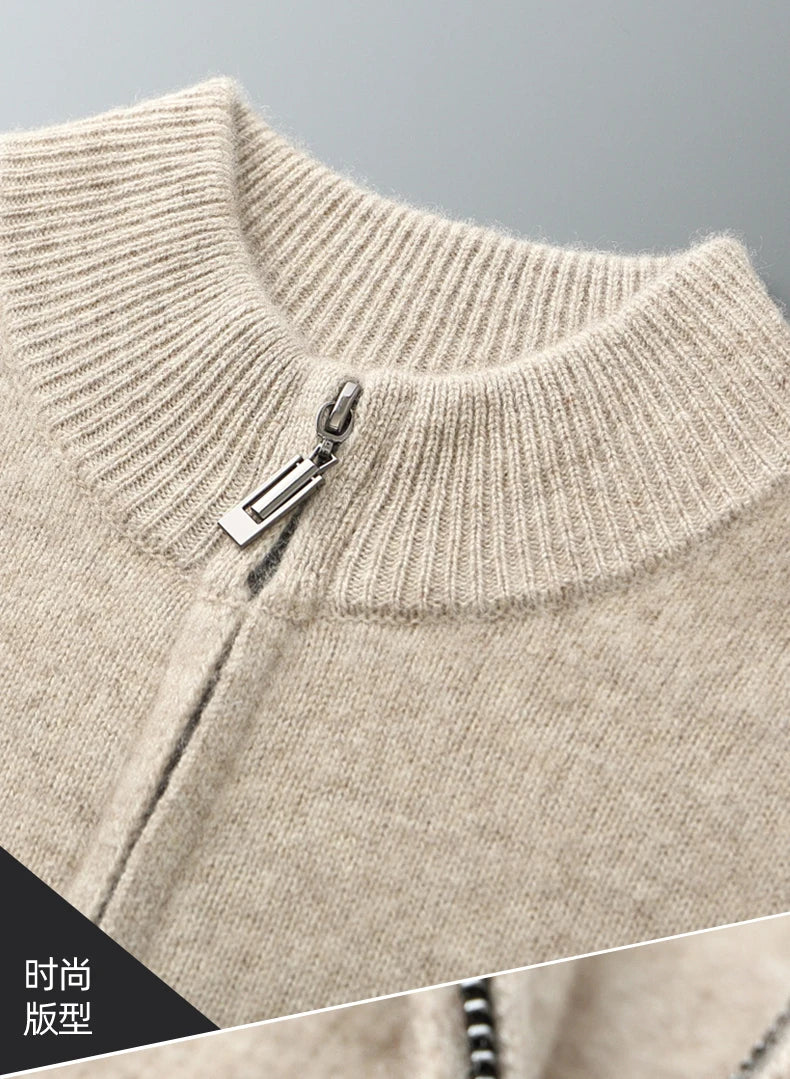 Men’s Merino Wool Sweater – Thick Zippered Mock Collar Cardigan