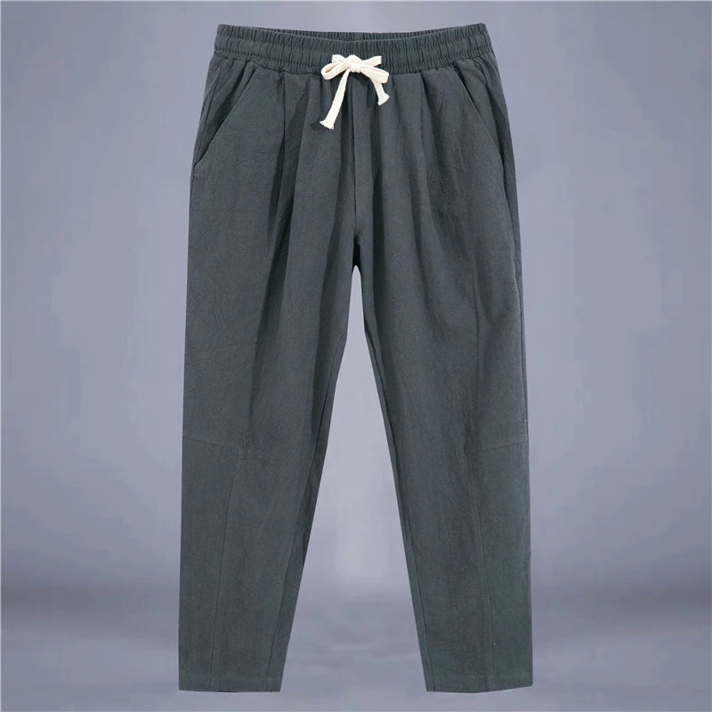 Men’s Cotton Linen Casual Pants, Breathable Straight-Leg Drawstring Trousers