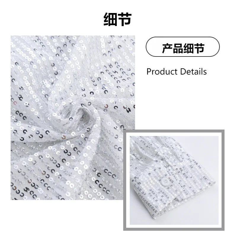 Women’s Sequin Blouse – Silver Glitter Long Sleeve Party Shirt