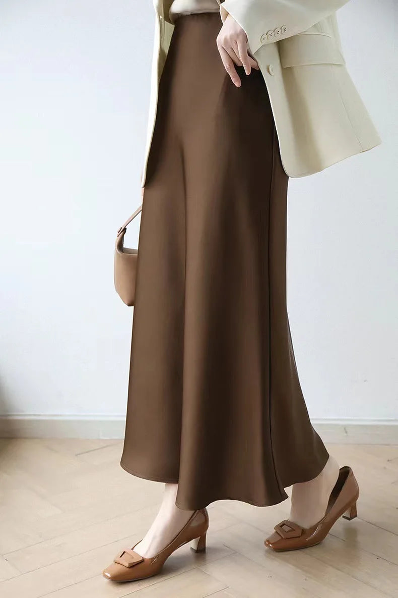 Women’s Black Satin Midi Skirt, High Waist Elegant Summer Office Wear