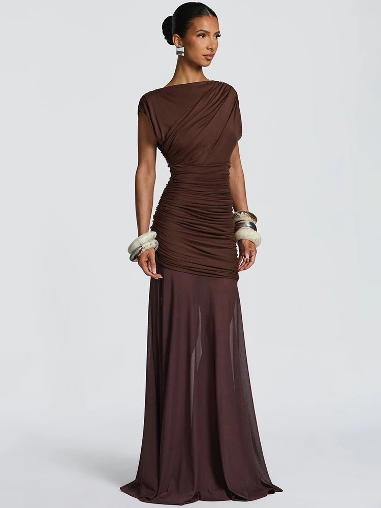 Women’s Sleeveless Maxi Dress – Elegant Mesh Patchwork Evening Gown