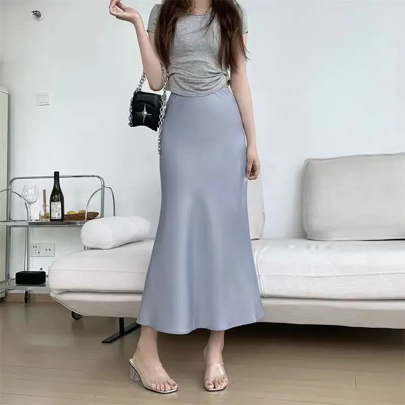 Women’s Black Satin Midi Skirt, High Waist Elegant Summer Office Wear