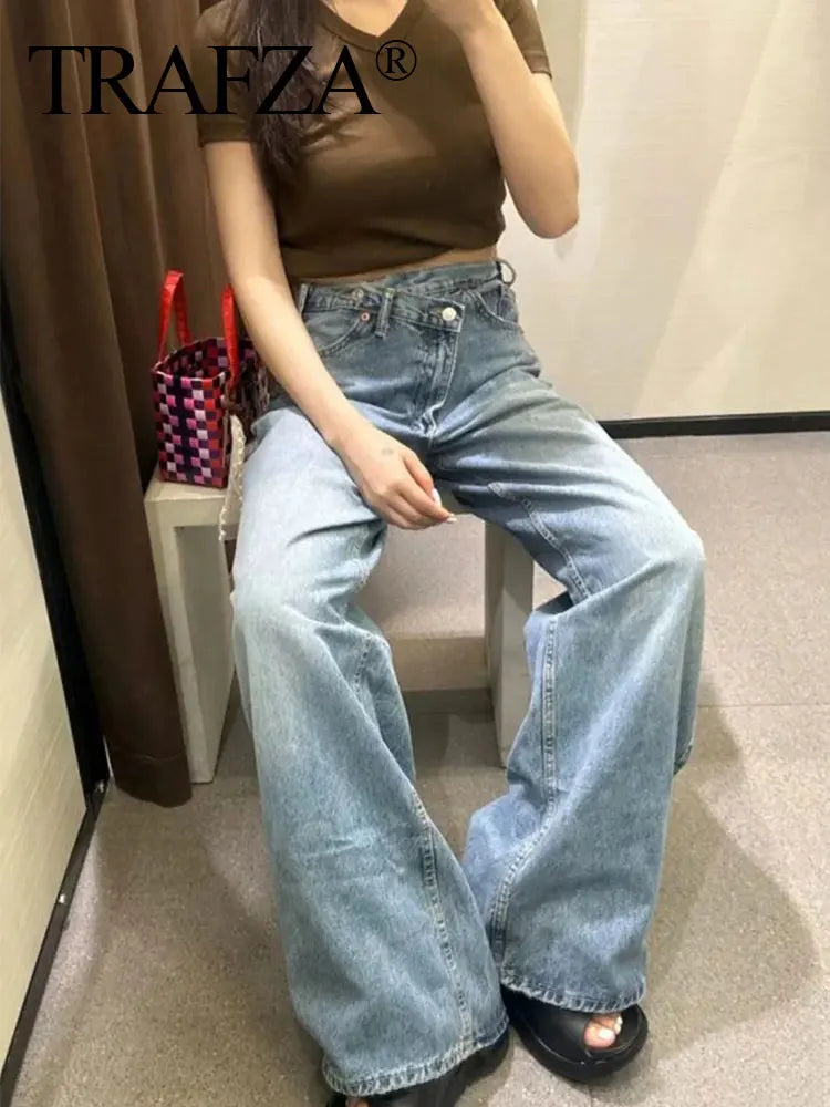 Women’s Asymmetric Denim Trousers – High Waist Wide Leg Jeans 2025