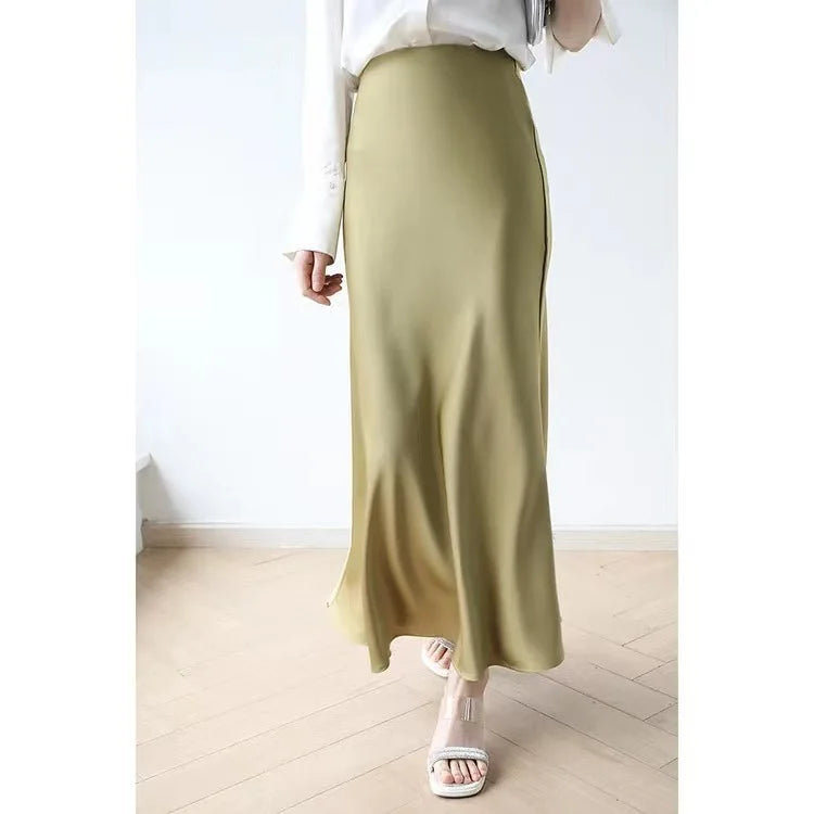 Women’s Black Satin Midi Skirt, High Waist Elegant Summer Office Wear
