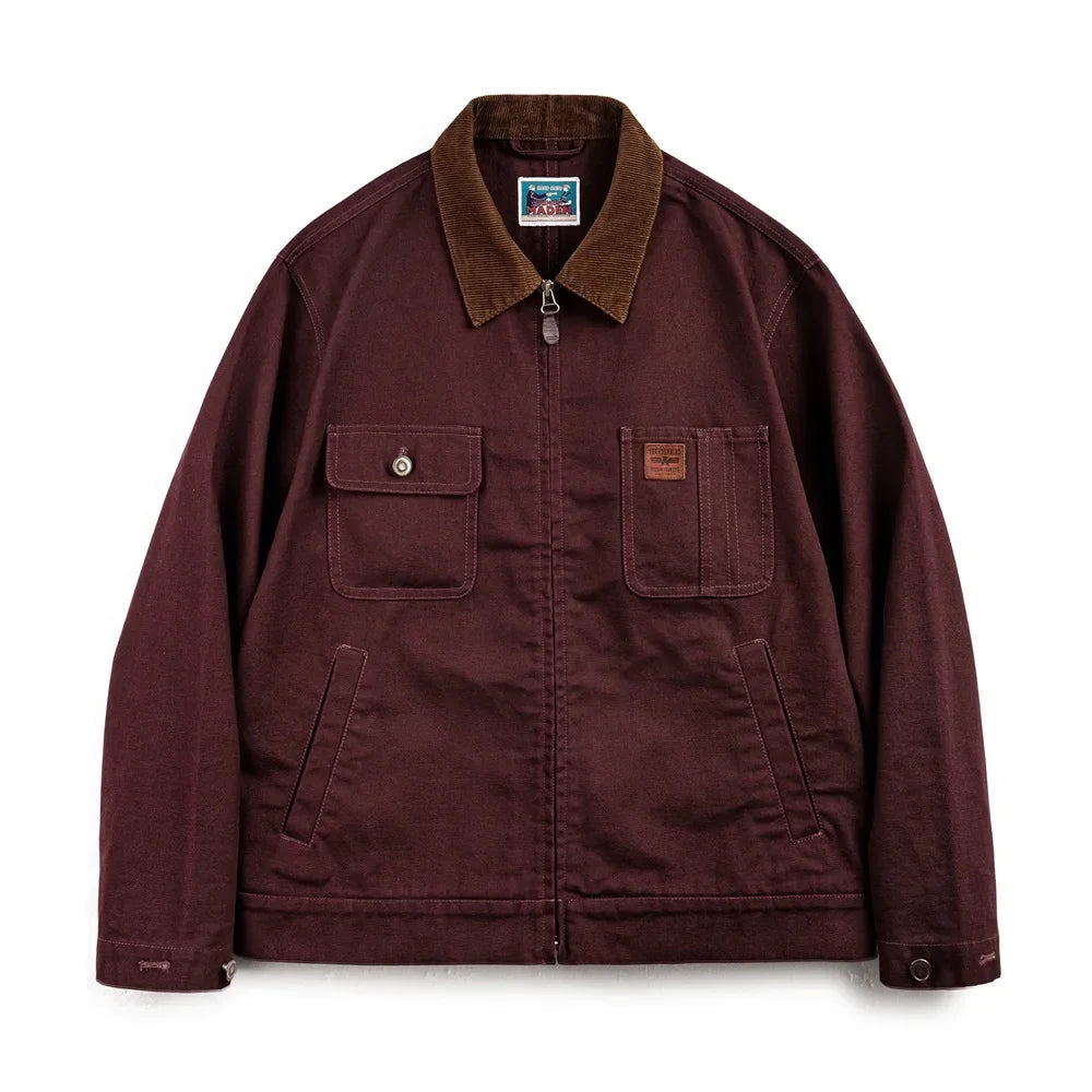Men’s Retro Canvas Jacket – Heavyweight Detroit Zip-Up with Corduroy Collar