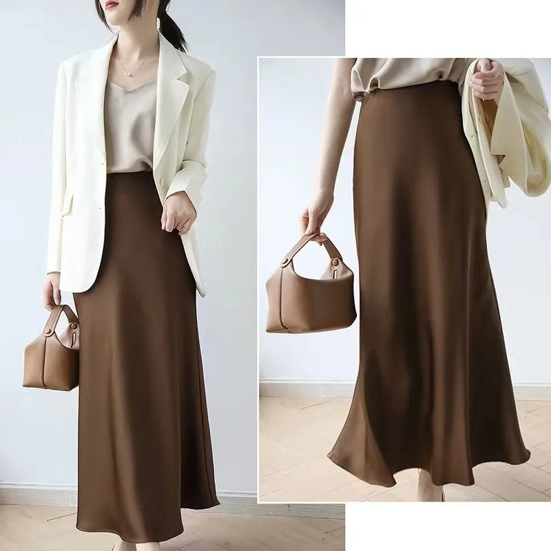 Women’s Black Satin Midi Skirt, High Waist Elegant Summer Office Wear