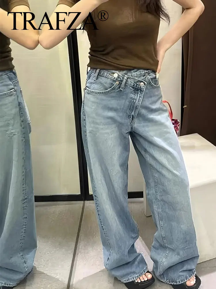 Women’s Asymmetric Denim Trousers – High Waist Wide Leg Jeans 2025