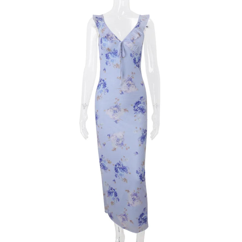 Women’s Floral Plunge Maxi Dress – Backless Summer Beachwear