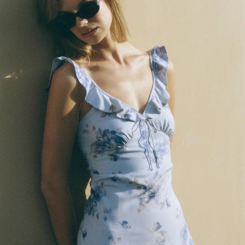 Women’s Floral Plunge Maxi Dress – Backless Summer Beachwear