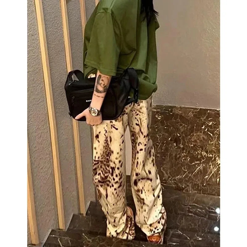 Women’s Leopard Print Jeans – High Waisted Wide Leg Denim