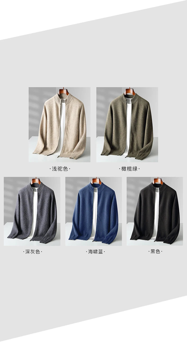 Men’s Merino Wool Sweater – Thick Zippered Mock Collar Cardigan