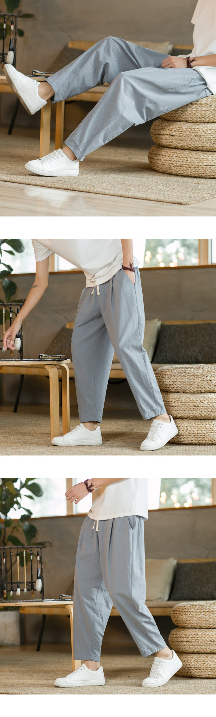 Men’s Cotton Linen Casual Pants, Breathable Straight-Leg Drawstring Trousers