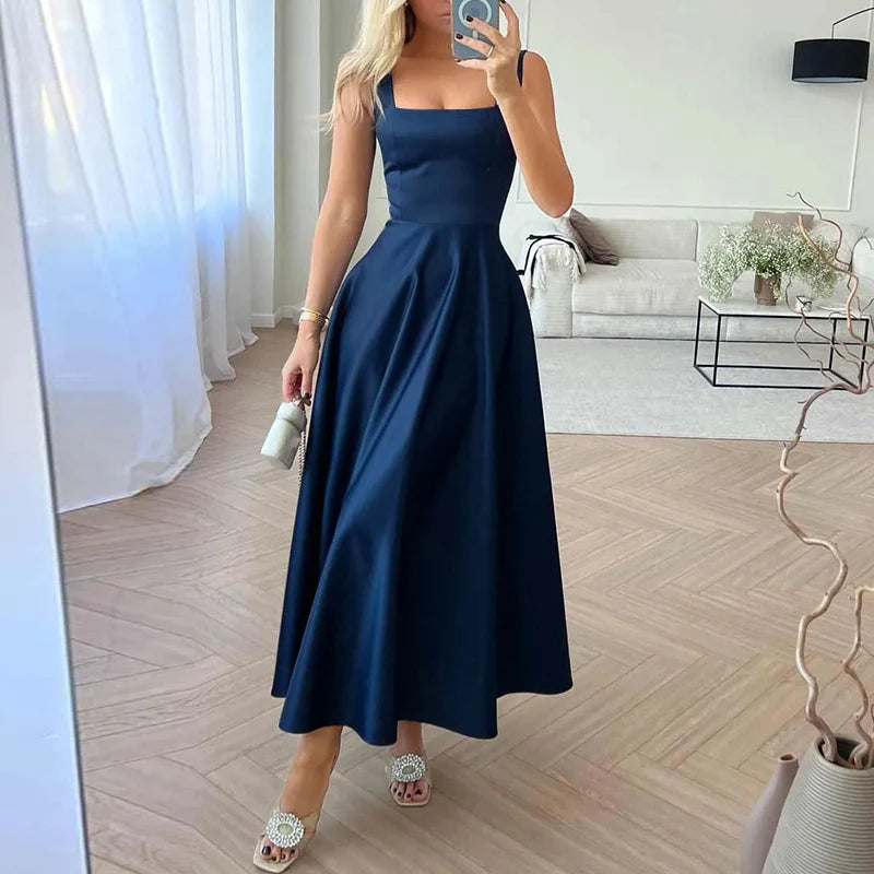 Women’s Satin Maxi Sundress – Square Neck Summer Party Dress