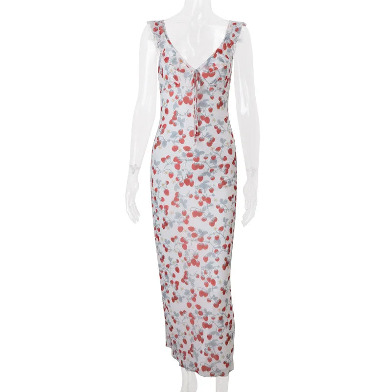 Women’s Floral Plunge Maxi Dress – Backless Summer Beachwear