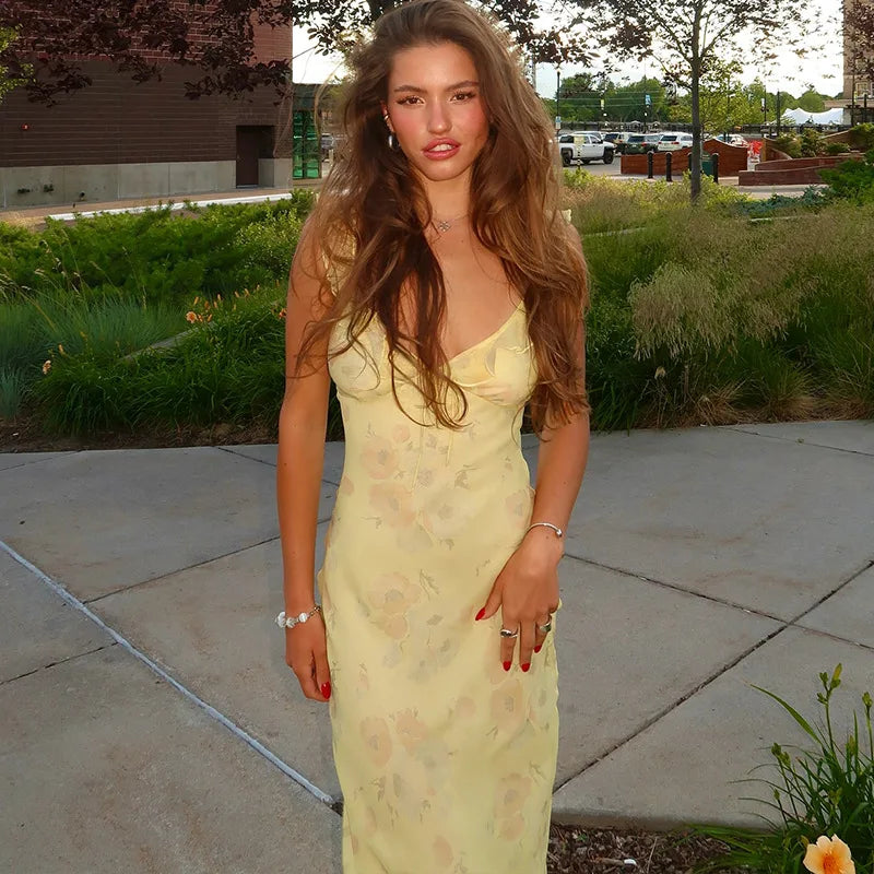 Women’s Floral Plunge Maxi Dress – Backless Summer Beachwear