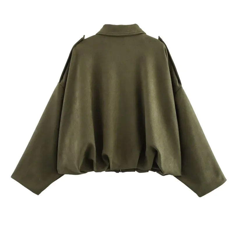 Women’s Suede Bomber Jacket – Loose Fit Lapel Spring 2025