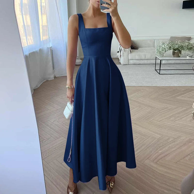 Women’s Satin Maxi Sundress – Square Neck Summer Party Dress