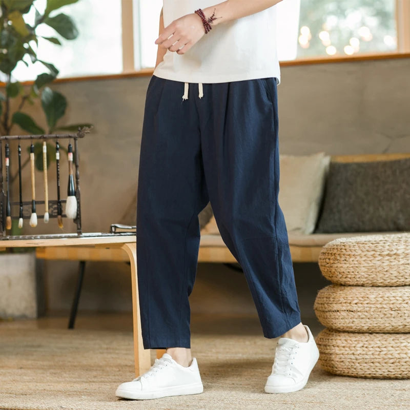 Men’s Cotton Linen Casual Pants, Breathable Straight-Leg Drawstring Trousers
