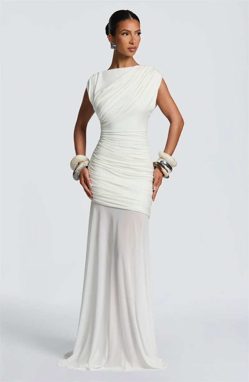 Women’s Sleeveless Maxi Dress – Elegant Mesh Patchwork Evening Gown